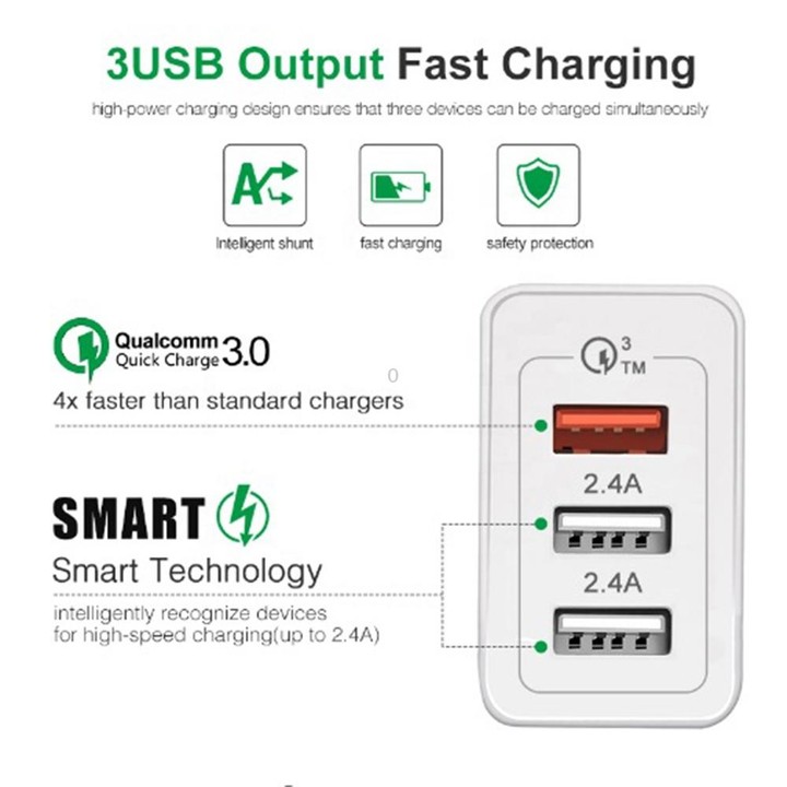 SDC-30W QC3.0 USB + 2 x USB2.0 Port Quick Charger with USB to Micro USB Cable, AU Plug