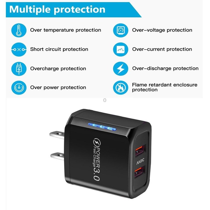 36W Dual Port QC3.0 USB Charger with 3A USB to Type-C Data Cable, US Plug(White)