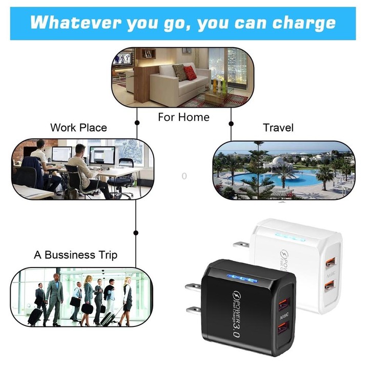 36W Dual Port QC3.0 USB Charger with 3A USB to Micro USB Data Cable, US Plug(White)