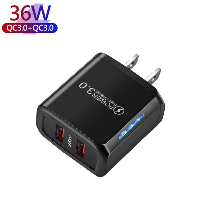36W Dual Port QC3.0 USB Charger with 3A USB to Micro USB Data Cable, US Plug(Black)