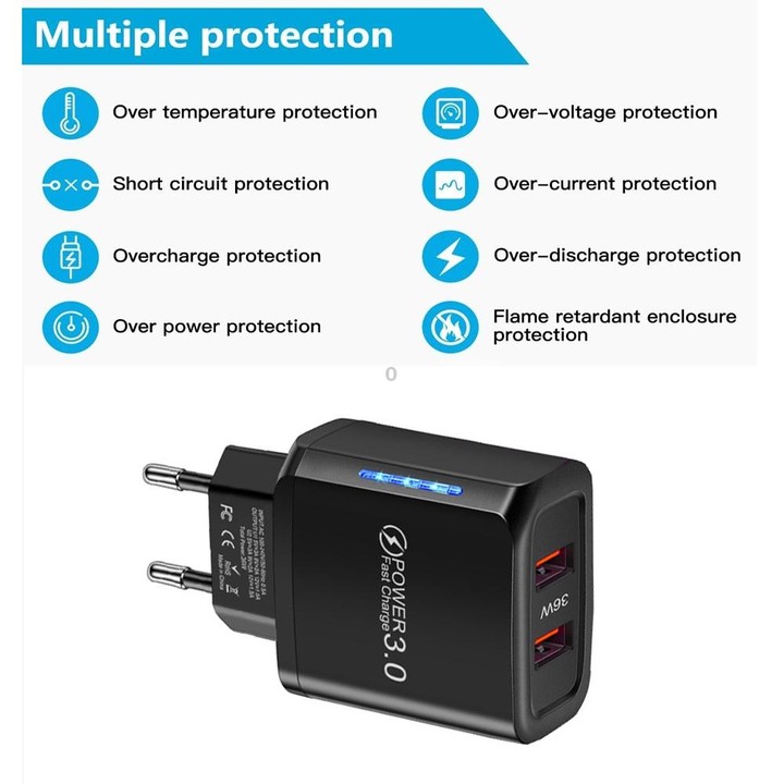 36W Dual Port QC3.0 USB Charger with 3A USB to Micro USB Data Cable, EU Plug(White)
