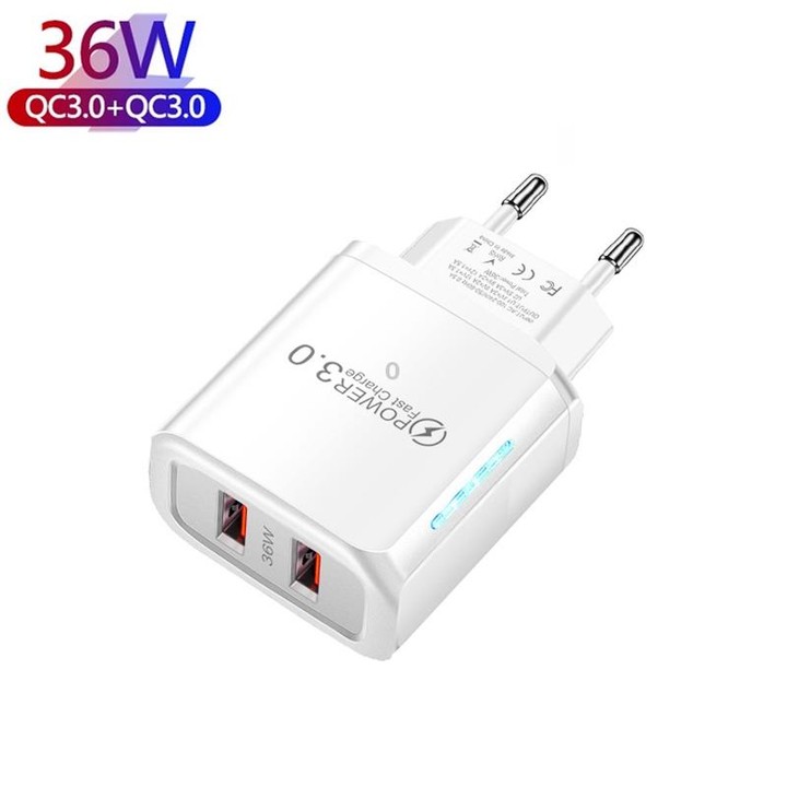 36W Dual Port QC3.0 USB Charger with 3A USB to Micro USB Data Cable, EU Plug(White)