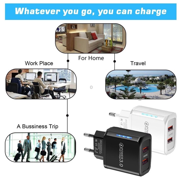36W Dual Port QC3.0 USB Charger with 3A USB to Micro USB Data Cable, EU Plug(Black)