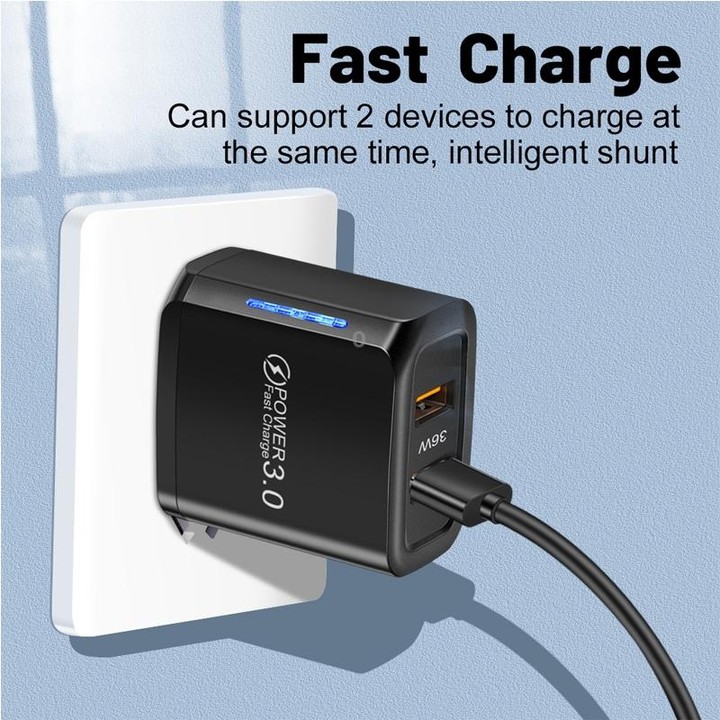 36W Dual Port QC3.0 USB Charger with 3A USB to Micro USB Data Cable, EU Plug(Black)