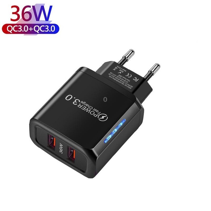 36W Dual Port QC3.0 USB Charger with 3A USB to Micro USB Data Cable, EU Plug(Black)