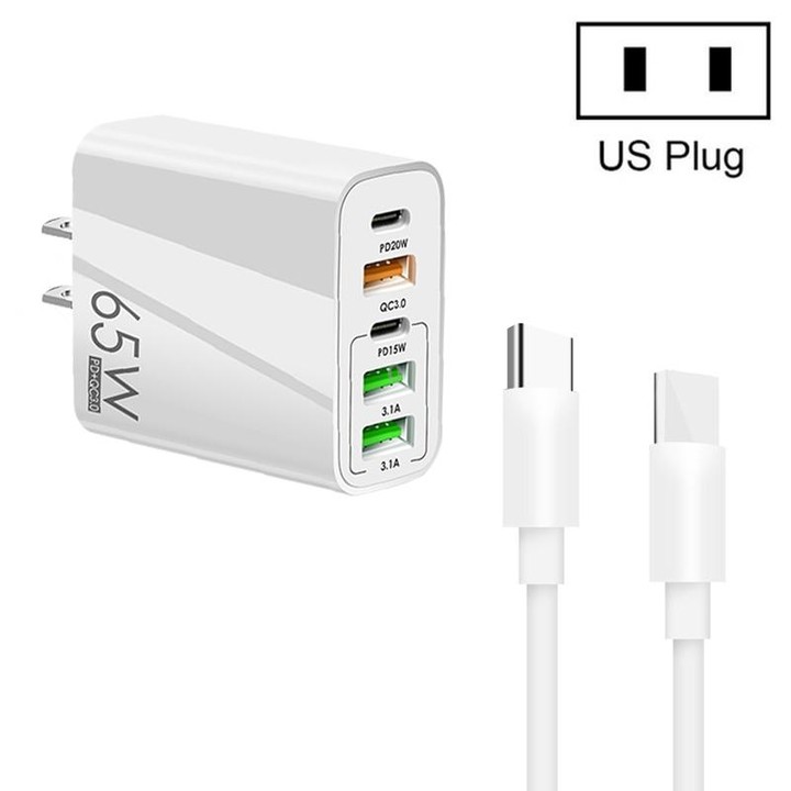 65W Dual PD Type-C + 3 x USB Multi Port Charger with 3A Type-C to Type-C Data Cable, US Plug(White)