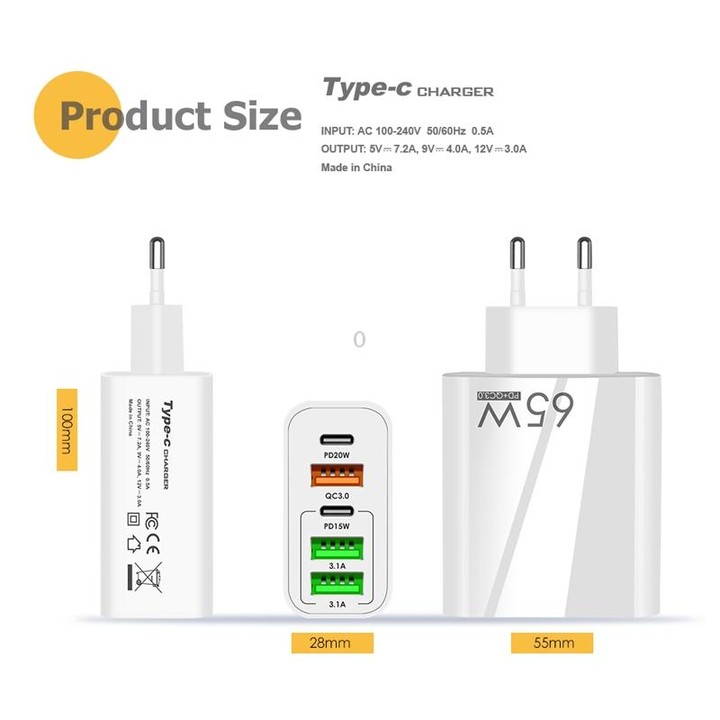 65W Dual PD Type-C + 3 x USB Multi Port Charger with 3A Type-C to Type-C Data Cable, US Plug(Black)