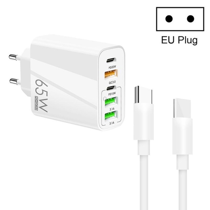 65W Dual PD Type-C + 3 x USB Multi Port Charger with 3A Type-C to Type-C Data Cable, EU Plug(White)