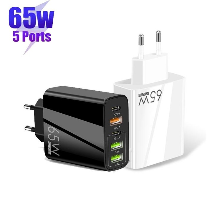 65W Dual PD Type-C + 3 x USB Multi Port Charger with 3A Type-C to Type-C Data Cable, EU Plug(White)
