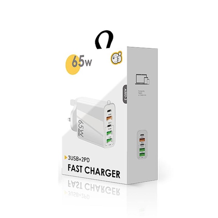 65W Dual PD Type-C + 3 x USB Multi Port Charger with 3A Type-C to Type-C Data Cable, UK Plug(White)