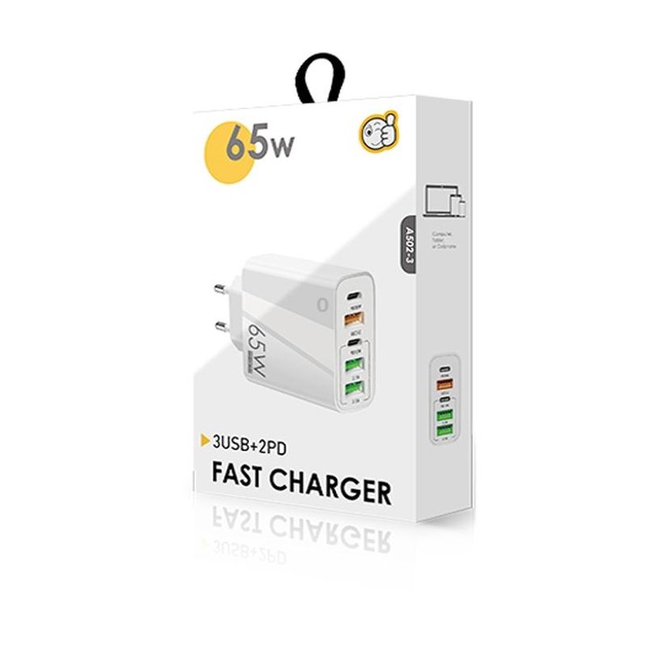 65W Dual PD Type-C + 3 x USB Multi Port Charger with 3A USB to Type-C Data Cable, EU Plug(Black)