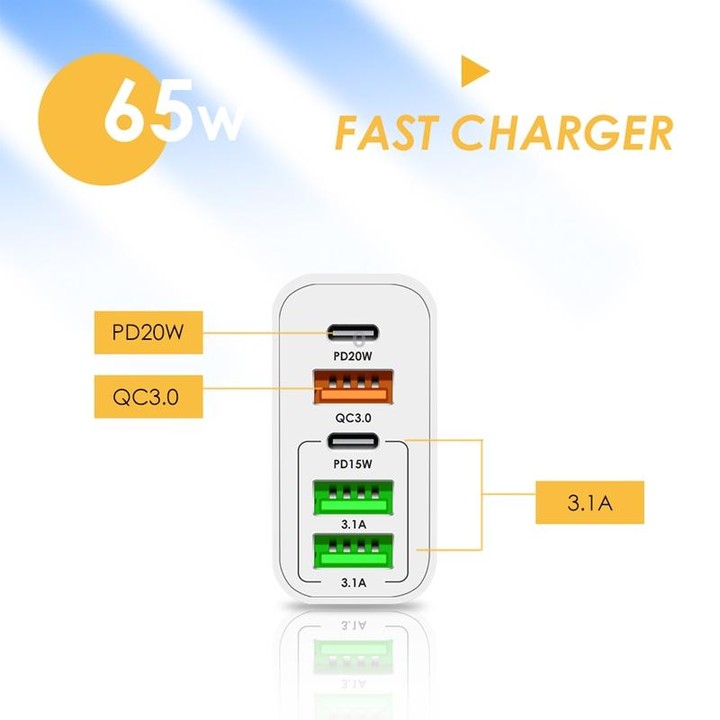 65W Dual PD Type-C + 3 x USB Multi Port Charger with 3A USB to Type-C Data Cable, EU Plug(White)