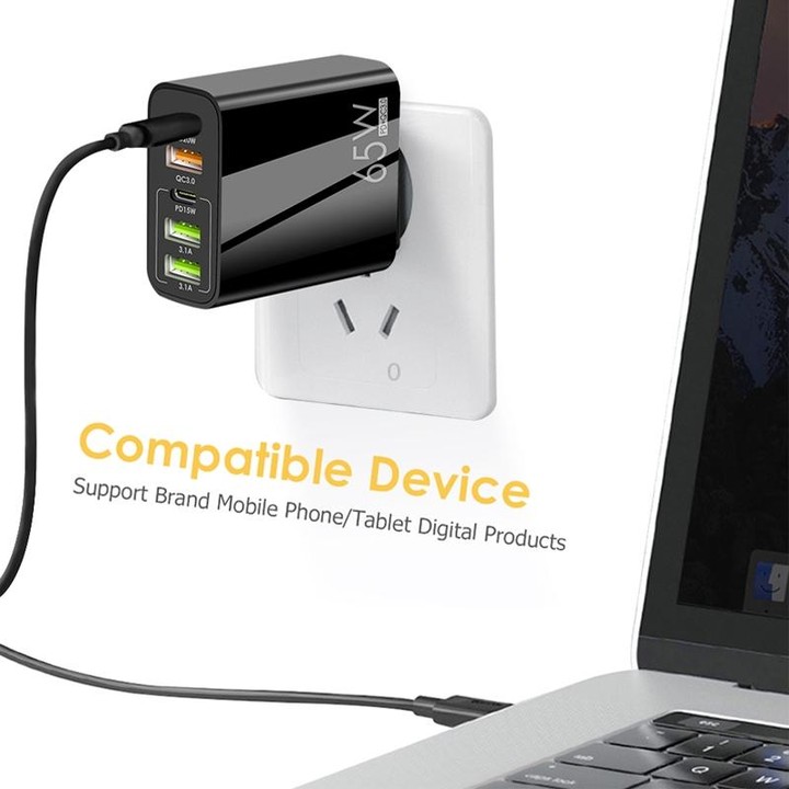 65W Dual PD Type-C + 3 x USB Multi Port Charger with 3A USB to Type-C Data Cable, UK Plug(Black)