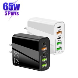 65W Dual PD Type-C + 3 x USB Multi Port Charger with 3A USB to Micro USB Data Cable, US Plug(Black)