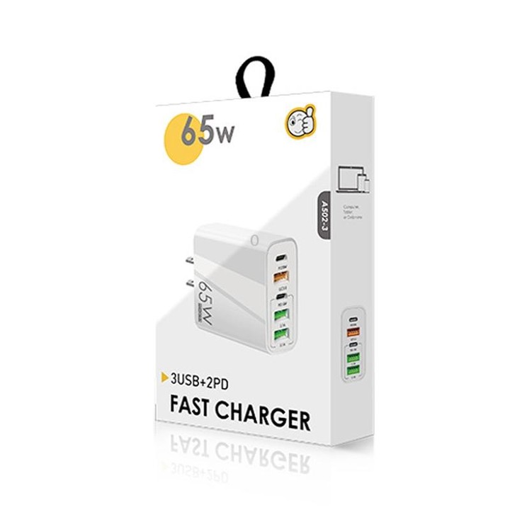 65W Dual PD Type-C + 3 x USB Multi Port Charger with 3A USB to Micro USB Data Cable, US Plug(White)