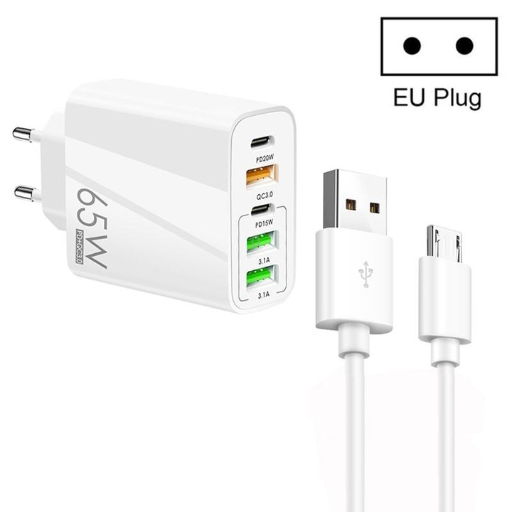 65W Dual PD Type-C + 3 x USB Multi Port Charger with 3A USB to Micro USB Data Cable, EU Plug(White)