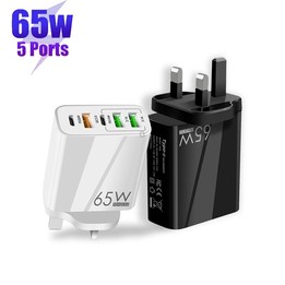 65W Dual PD Type-C + 3 x USB Multi Port Charger with 3A USB to Micro USB Data Cable, UK Plug(Black)