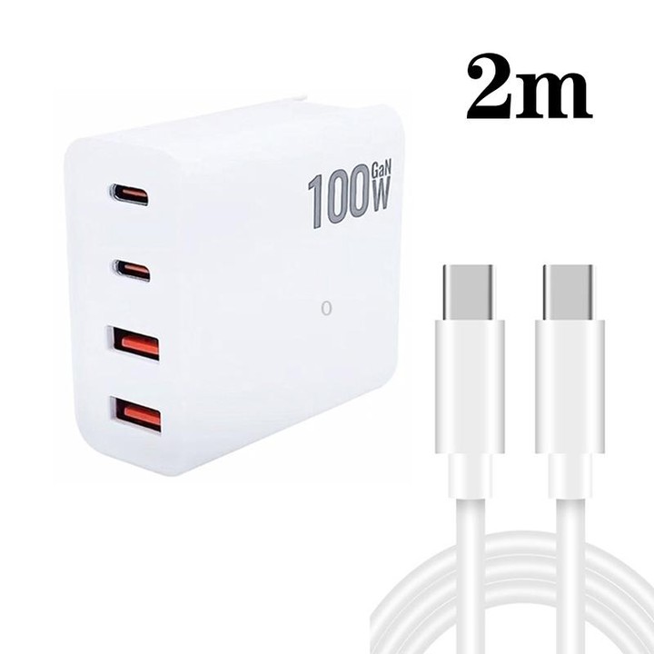 GaN 100W Dual USB + Dual USB-C/Type-C Multi Port Charger with 2m Type-C to Type-C Data Cable Set US Plug
