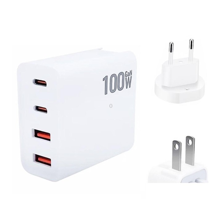 GaN 100W Dual USB + Dual USB-C/Type-C Multi Port Charger with 2m Type-C to Type-C Data Cable Set US / EU Plug