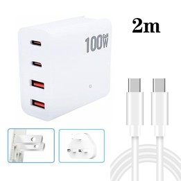 GaN 100W Dual USB + Dual USB-C/Type-C Multi Port Charger with 2m Type-C to Type-C Data Cable Set US / UK Plug