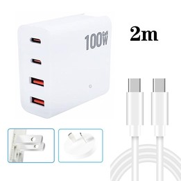 GaN 100W Dual USB + Dual USB-C/Type-C Multi Port Charger with 2m Type-C to Type-C Data Cable Set US / AU Plug