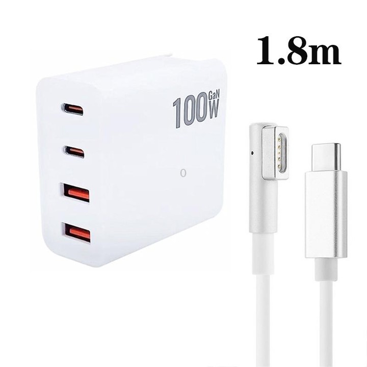 GaN 100W Dual USB+Dual USB-C/Type-C Multi Port Charger with 1.8m Type-C to MagSafe 1 / L Header Data Cable US Plug