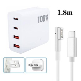 GaN 100W Dual USB+Dual USB-C/Type-C Multi Port Charger with 1.8m Type-C to MagSafe 1 / L Header Data Cable US / EU Plug