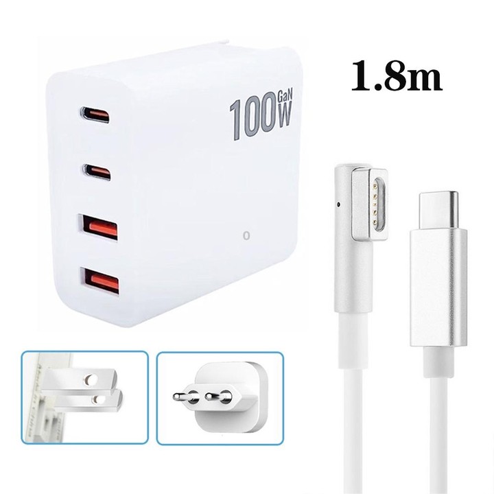 GaN 100W Dual USB+Dual USB-C/Type-C Multi Port Charger with 1.8m Type-C to MagSafe 1 / L Header Data Cable US / EU Plug
