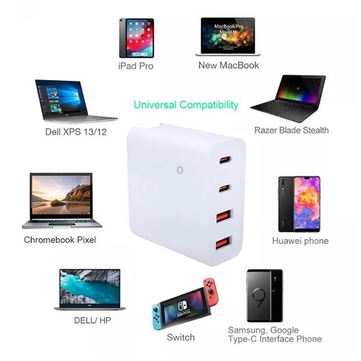GaN 100W Dual USB+Dual USB-C/Type-C Multi Port Charger with 1.8m Type-C to MagSafe 1 / L Header Data Cable US / EU Plug