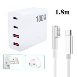 GaN 100W Dual USB+Dual USB-C/Type-C Multi Port Charger with 1.8m Type-C to MagSafe 1 / L Header Data Cable US / UK Plug