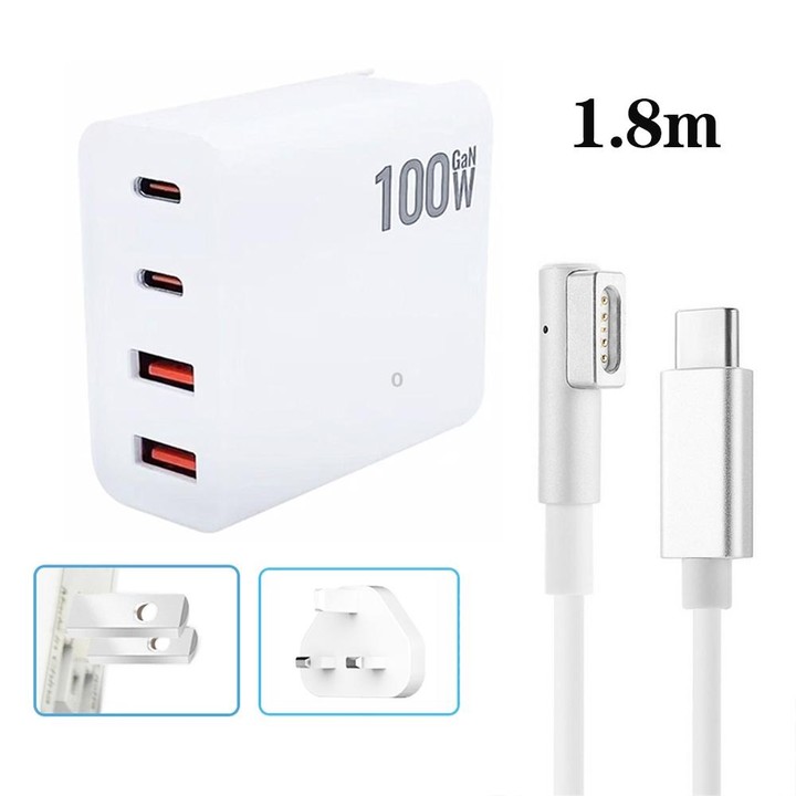 GaN 100W Dual USB+Dual USB-C/Type-C Multi Port Charger with 1.8m Type-C to MagSafe 1 / L Header Data Cable US / UK Plug