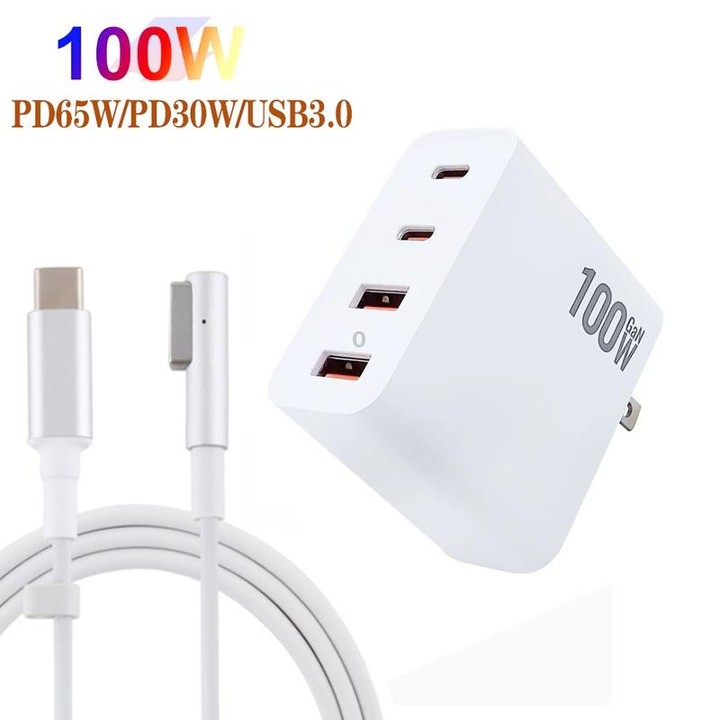 GaN 100W Dual USB+Dual USB-C/Type-C Multi Port Charger with 1.8m Type-C to MagSafe 1 / L Header Data Cable US / AU Plug