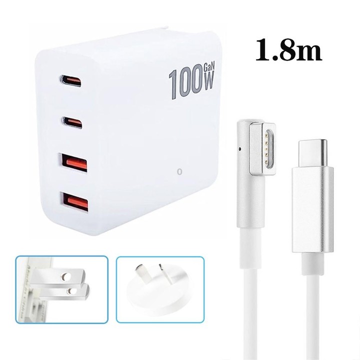 GaN 100W Dual USB+Dual USB-C/Type-C Multi Port Charger with 1.8m Type-C to MagSafe 1 / L Header Data Cable US / AU Plug