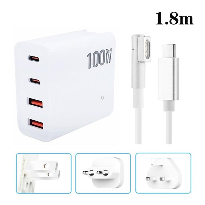 GaN 100W Dual USB+Dual USB-C/Type-C Multi Port Charger with 1.8m Type-C to MagSafe 1 / L Header Data Cable US / EU / UK Plug