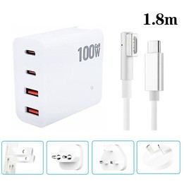 GaN 100W Dual USB+Dual USB-C/Type-C Multi Port Charger with 1.8m Type-C to MagSafe 1 / L Header Data Cable US / EU / UK / AU Plu