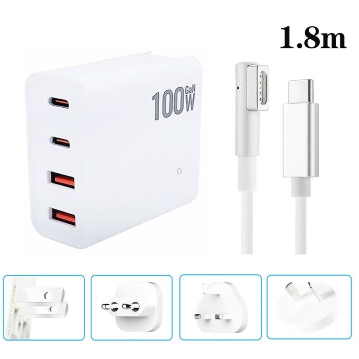 GaN 100W Dual USB+Dual USB-C/Type-C Multi Port Charger with 1.8m Type-C to MagSafe 1 / L Header Data Cable US / EU / UK / AU Plu