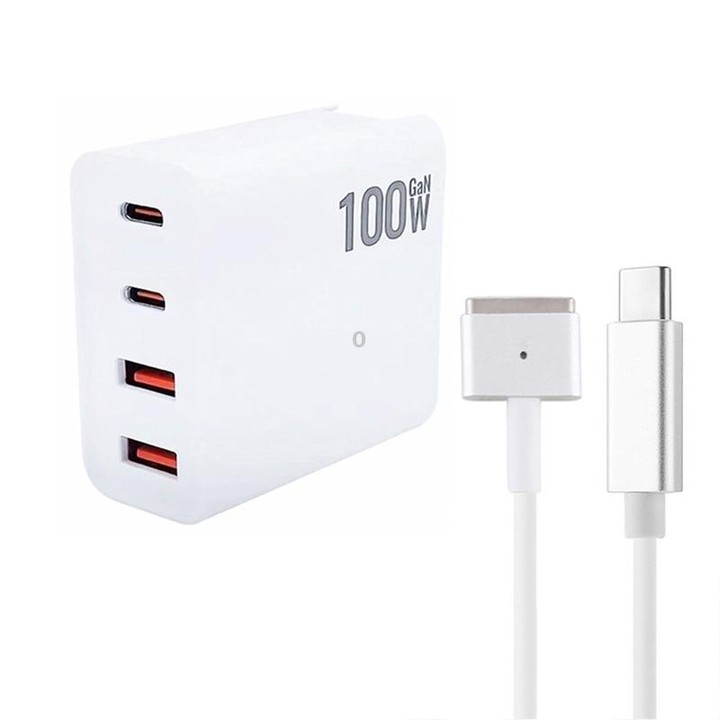 GaN 100W Dual USB-C/Type-C + Dual USB Multi Port Charger with 1.8m Type-C to MagSafe 2 / T Header Data Cable, Plug Size:US Plug