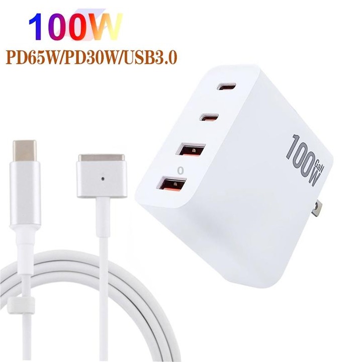 GaN 100W Dual USB-C/Type-C + Dual USB Multi Port Charger with 1.8m Type-C to MagSafe 2 / T Header Data Cable, Plug Size:US / EU