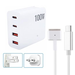 GaN 100W Dual USB-C/Type-C + Dual USB Multi Port Charger with 1.8m Type-C to MagSafe 2 / T Header Data Cable, Plug Size:US / EU