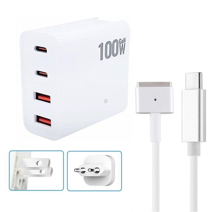 GaN 100W Dual USB-C/Type-C + Dual USB Multi Port Charger with 1.8m Type-C to MagSafe 2 / T Header Data Cable, Plug Size:US / EU