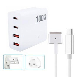 GaN 100W Dual USB-C/Type-C + Dual USB Multi Port Charger with 1.8m Type-C to MagSafe 2 / T Header Data Cable, Plug Size:US / UK
