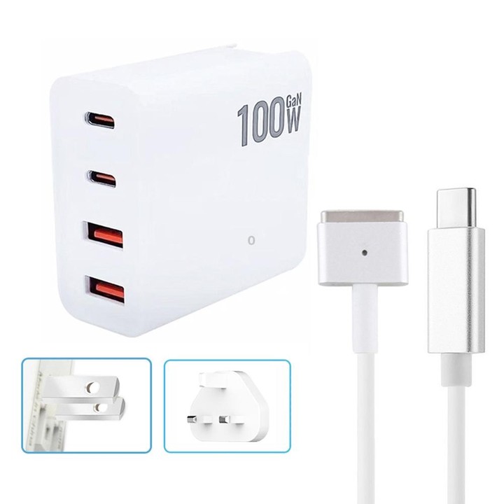GaN 100W Dual USB-C/Type-C + Dual USB Multi Port Charger with 1.8m Type-C to MagSafe 2 / T Header Data Cable, Plug Size:US / UK