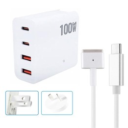 GaN 100W Dual USB-C/Type-C + Dual USB Multi Port Charger with 1.8m Type-C to MagSafe 2 / T Header Data Cable, Plug Size:US / AU