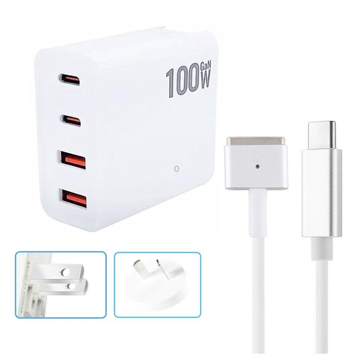 GaN 100W Dual USB-C/Type-C + Dual USB Multi Port Charger with 1.8m Type-C to MagSafe 2 / T Header Data Cable, Plug Size:US / AU