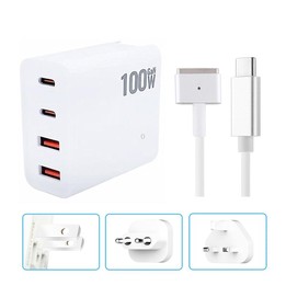 GaN 100W Dual USB-C/Type-C + Dual USB Multi Port Charger with 1.8m Type-C to MagSafe 2 / T Header Data Cable, Plug Size:US / EU