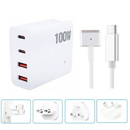 GaN 100W Dual USB-C/Type-C + Dual USB Multi Port Charger with 1.8m Type-C to MagSafe 2 / T Header Data Cable, Plug Size:US / EU