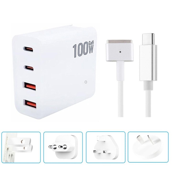 GaN 100W Dual USB-C/Type-C + Dual USB Multi Port Charger with 1.8m Type-C to MagSafe 2 / T Header Data Cable, Plug Size:US / EU