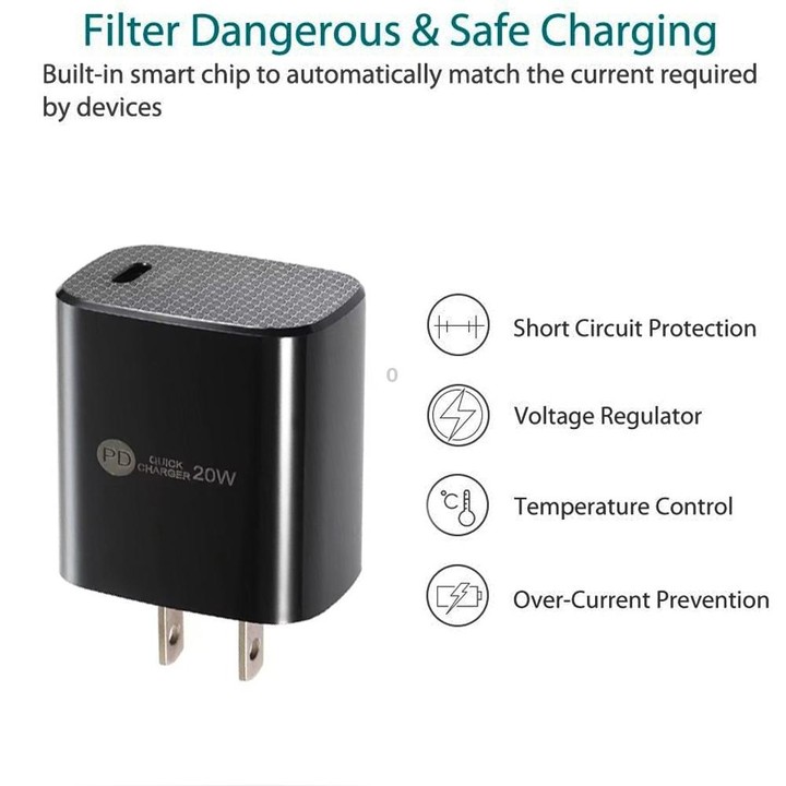 PD11 Single PD3.0 USB-C / Type-C 20W Fast Charger with 1m Type-C to Type-C Data Cable, US Plug(Black)
