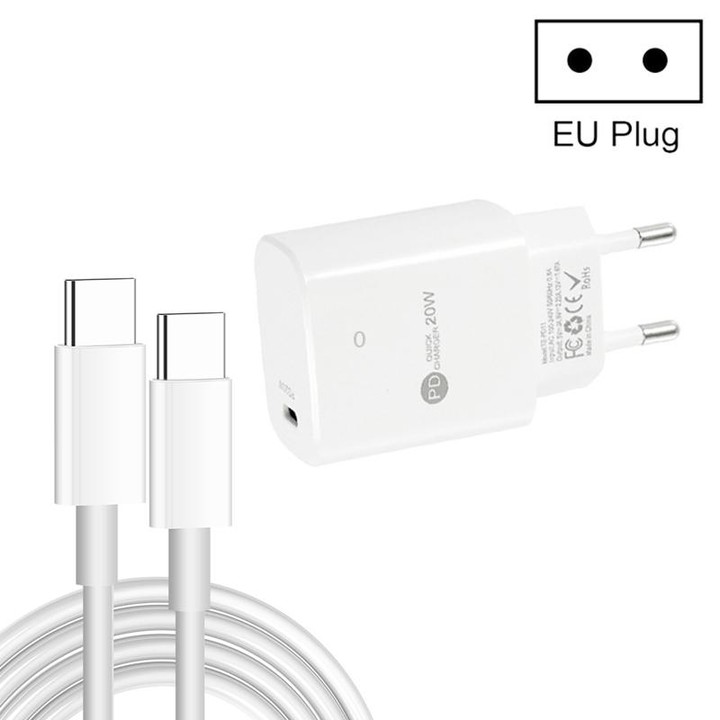 PD11 Single PD3.0 USB-C / Type-C 20W Fast Charger with 1m Type-C to Type-C Data Cable, EU Plug(White)