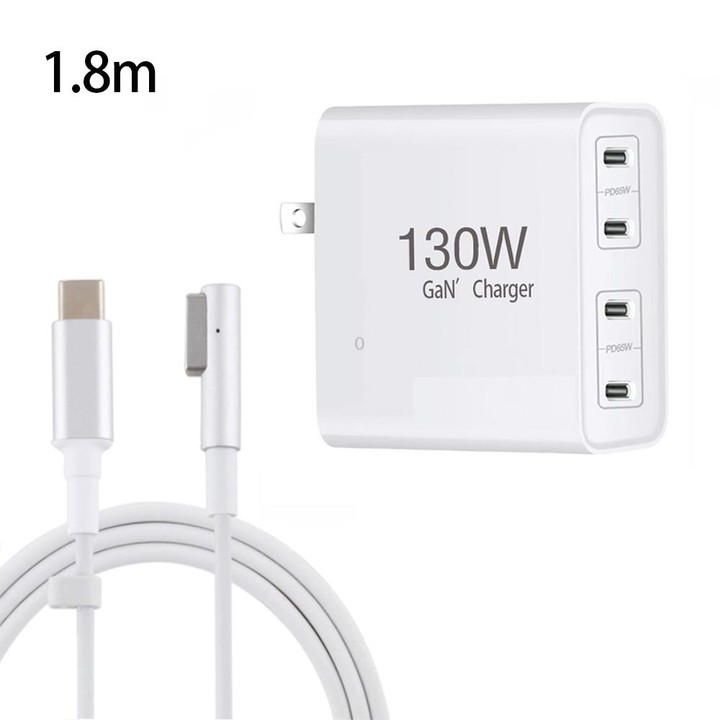 GaN 130W 4-Port USB-C PD65W / PD30W Multi Port Type-C Charger with 1.8m Type-C to MagSafe 1 / L Header Data Cable US Plug